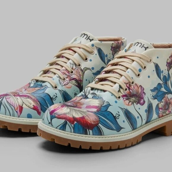 Mumka Shoes - Mumka 36 Vegan Green Flowers Ankle Lace Up Floral Artisan Festival Boots (READ)